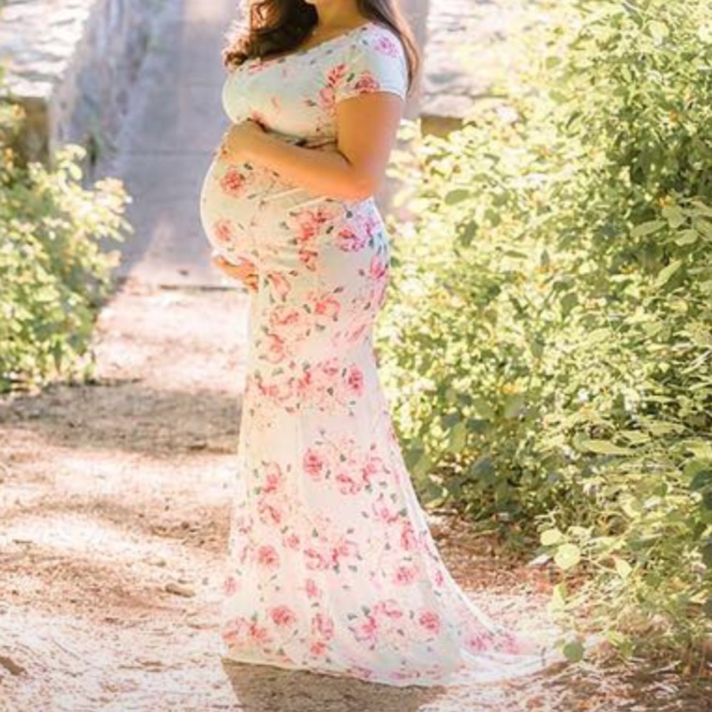Light blue with floral print maternity dress